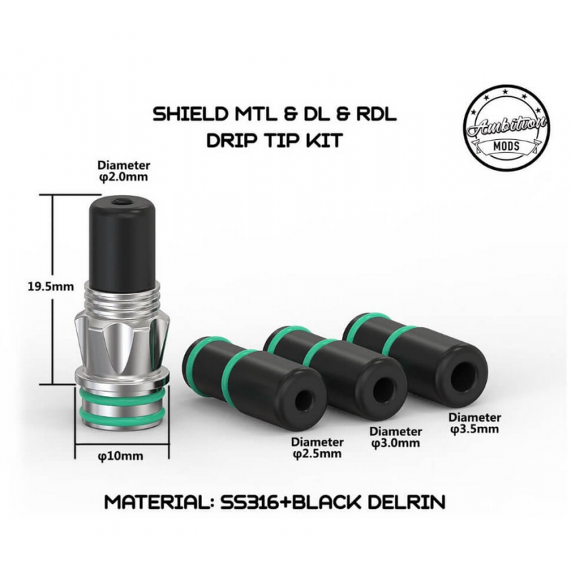 Ambition Mods - Shield Drip Tip Kit - 510 vers. FarbenAmbition Mods - Shield Drip Tip Kit - 510Das Shield Drip Tip Kit von Ambition Mods ist bei uns erhältlich in den Farben Delrin weiss und Delrin schwarz.SpezifikationenLänge: 19,5mm sichtbarMaterial: Edelstahl, DelrinAnschluss: 510erAussendurchmesser Delrin: 7,0mmInnendurchmesser: wahlweise 2,0mm, 2,5mm, 3,0mm oder 3,5mmLieferumfang:1x Ambition Mods Shield Drip Tip KitDas Shield Drip Tip Kit von Ambition Mods ist ein für MTL, RDL und DL-Dampfer geeignetes Drip Tip Kit. Das Set kommt mit vier verschiedenen Drip Tips, mit jeweils anderen Innendurchmesser. Das Shield Drip Tip Kit besteht aus einer SS316 Edelstahl Base in elegantem Design. Auf dir Base kann man die vier verschiedenen Mundstücke platzieren, hierzu hat man die Wahl zwischen einem Innendurchmesser von 2,0mm, 2,5mm, 3,0mm und 3,5mm.11179Ambition Mods14,90 CHFsmoke-shop.ch14,90 CHF Ambition Mods - Shield Drip Tip Kit - 510 vers. FarbenAmbition Mods - Shield Drip Tip Kit - 510Das Shield Drip Tip Kit von Ambition Mods ist bei uns erhältlich in den Farben Delrin weiss und Delrin schwarz.SpezifikationenLänge: 19,5mm sichtbarMaterial: Edelstahl, DelrinAnschluss: 510erAussendurchmesser Delrin: 7,0mmInnendurchmesser: wahlweise 2,0mm, 2,5mm, 3,0mm oder 3,5mmLieferumfang:1x Ambition Mods Shield Drip Tip KitDas Shield Drip Tip Kit von Ambition Mods ist ein für MTL, RDL und DL-Dampfer geeignetes Drip Tip Kit. Das Set kommt mit vier verschiedenen Drip Tips, mit jeweils anderen Innendurchmesser. Das Shield Drip Tip Kit besteht aus einer SS316 Edelstahl Base in elegantem Design. Auf dir Base kann man die vier verschiedenen Mundstücke platzieren, hierzu hat man die Wahl zwischen einem Innendurchmesser von 2,0mm, 2,5mm, 3,0mm und 3,5mm.11179Ambition Mods14,90 CHFsmoke-shop.ch14,90 CHF