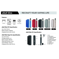 eRoll Slim Starterkit Full - 2ml 13W 1500mAh/480mAh - mit Ladebox USB-CNeuer Kit Pod von Joyetech der eRoll Slim Full.Funktioniert mit einer eingebauten 1500mAh/480mAh Batterie und wird über USB-C aufgeladen.PowerBank PCC: 1500 mAh.Vape Pen: 480 mAh.Maximale Leistung von 13 Watt.Automatische Aktivierung durch Inhalation.Kartusche mit einer Kapazität von 2 ml und Befüllung von unten.Kompatibel mit vorgefüllten eRoll slim 1.2ohm Pods und eRoll Slim 1ohm Patronen.Unauffälliger Pod, der von einer guten Batterielebensdauer mit der PCC Box mit einer Batteriekapazität von 1500 mAh profitiert.Abmessung PowerBank PCC: 23x44x107mm.Größe des Vape Pen: 16x120mm.Lieferumfang 1 x Joyetech eRoll Slim1 x Joyetech PCC Box 1 x eRoll Slim Patrone 1 x Drip tip 510 1 x Drip tip 510 MTL1 x USB-C-Kabel1 x Benutzerhandbuch1 x GarantiekarteEigenschaften Abmessungen Pod eRoll Slim: 16x120mmAbmessungen PCC Box: 23x44x107mmKapazität der PCC-Batterie: 1500mAhKapazität der eRoll Slim Batterie: 480mAhFassungsvermögen des Tanks: 2mlWiderstandsbereich: 1.0ohmMax. Ausgangsleistung: 13WLadestrom PCC: 5V/2A.Ladestrom eRoll Slim: 5V/1AGewicht: 194g15010Joyetech42,00 CHFsmoke-shop.ch42,00 CHF